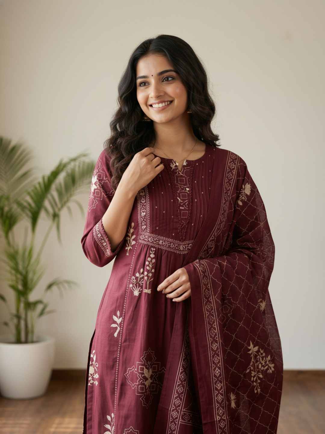 Abstract Printed Sequin & Lace Detailed A-Line Kurta with Palazzo & Dupatta - Maroon