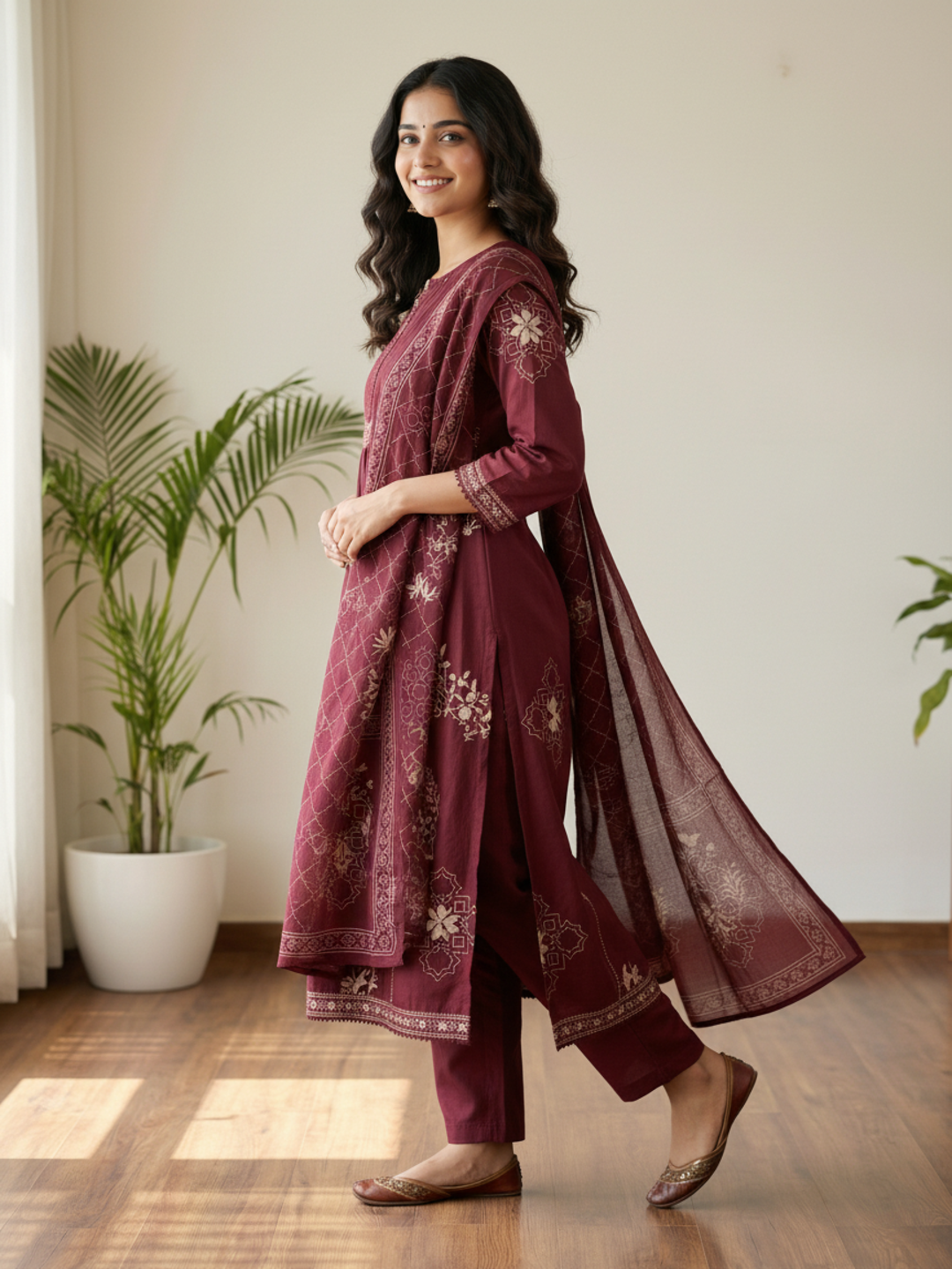 Abstract Printed Sequin & Lace Detailed A-Line Kurta with Palazzo & Dupatta - Maroon