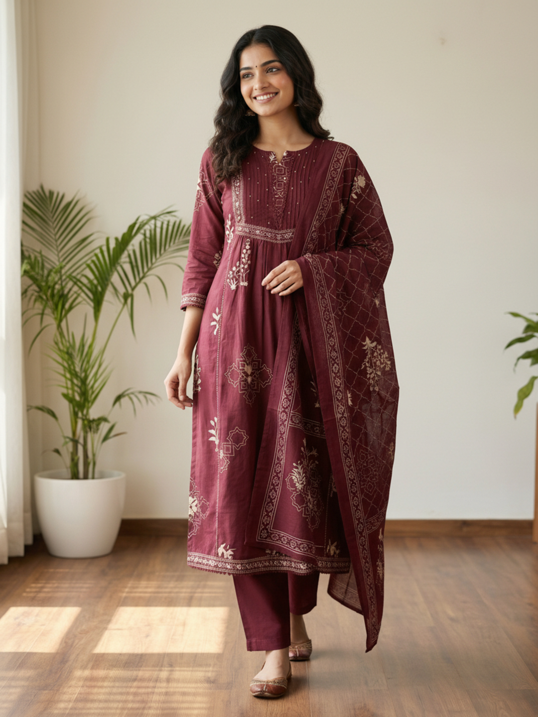 Abstract Printed Sequin & Lace Detailed A-Line Kurta with Palazzo & Dupatta - Maroon