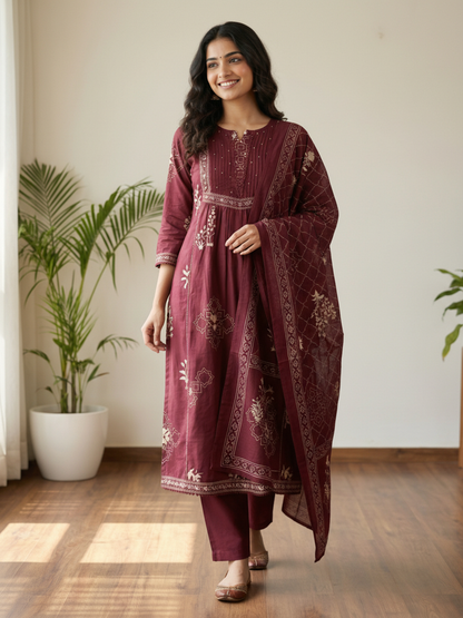 Abstract Printed Sequin & Lace Detailed A-Line Kurta with Palazzo & Dupatta - Maroon