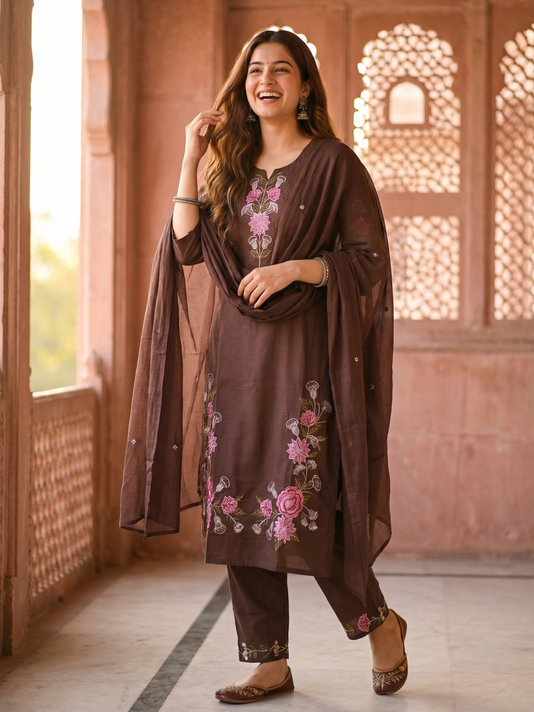 Solid Embroidered Straight Kurta with Pyjama & Dupatta - Brown