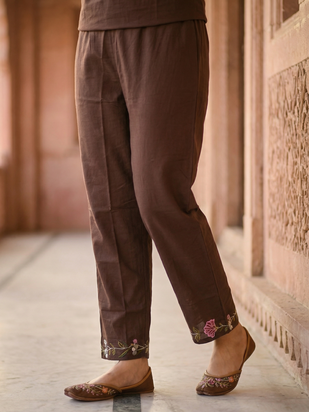 Solid Embroidered Straight Kurta with Pyjama & Dupatta - Brown