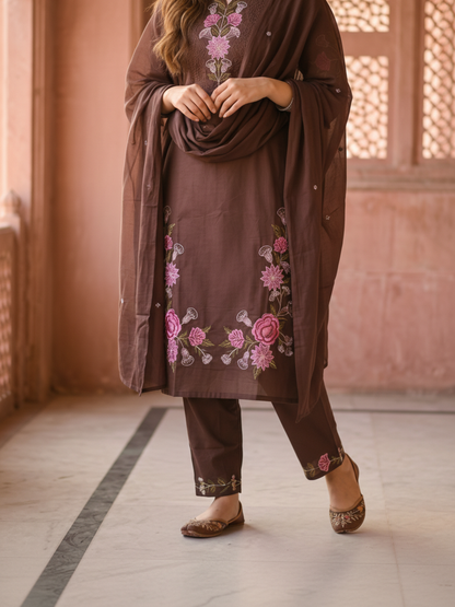Solid Embroidered Straight Kurta with Pyjama & Dupatta - Brown