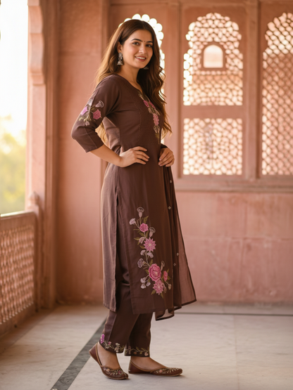 Solid Embroidered Straight Kurta with Pyjama & Dupatta - Brown