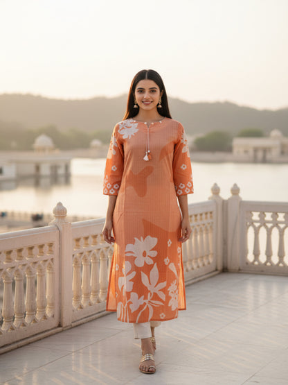 Floral Printed Straight Kurta - Peach