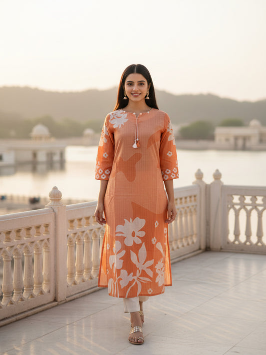 Floral Printed Straight Kurta - Peach