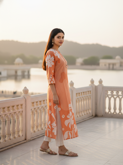 Floral Printed Straight Kurta - Peach