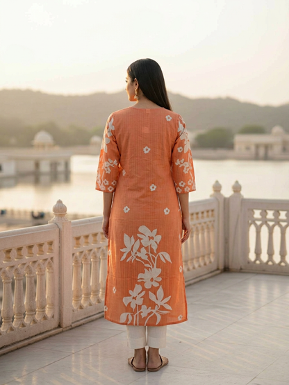 Floral Printed Straight Kurta - Peach
