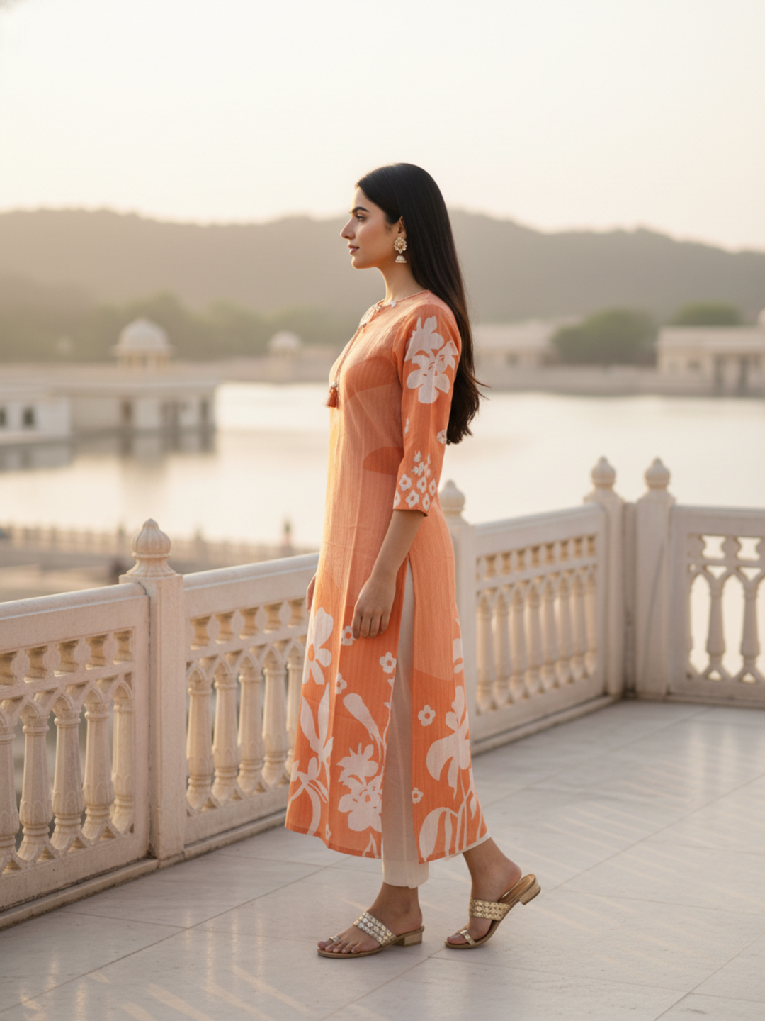 Floral Printed Straight Kurta - Peach