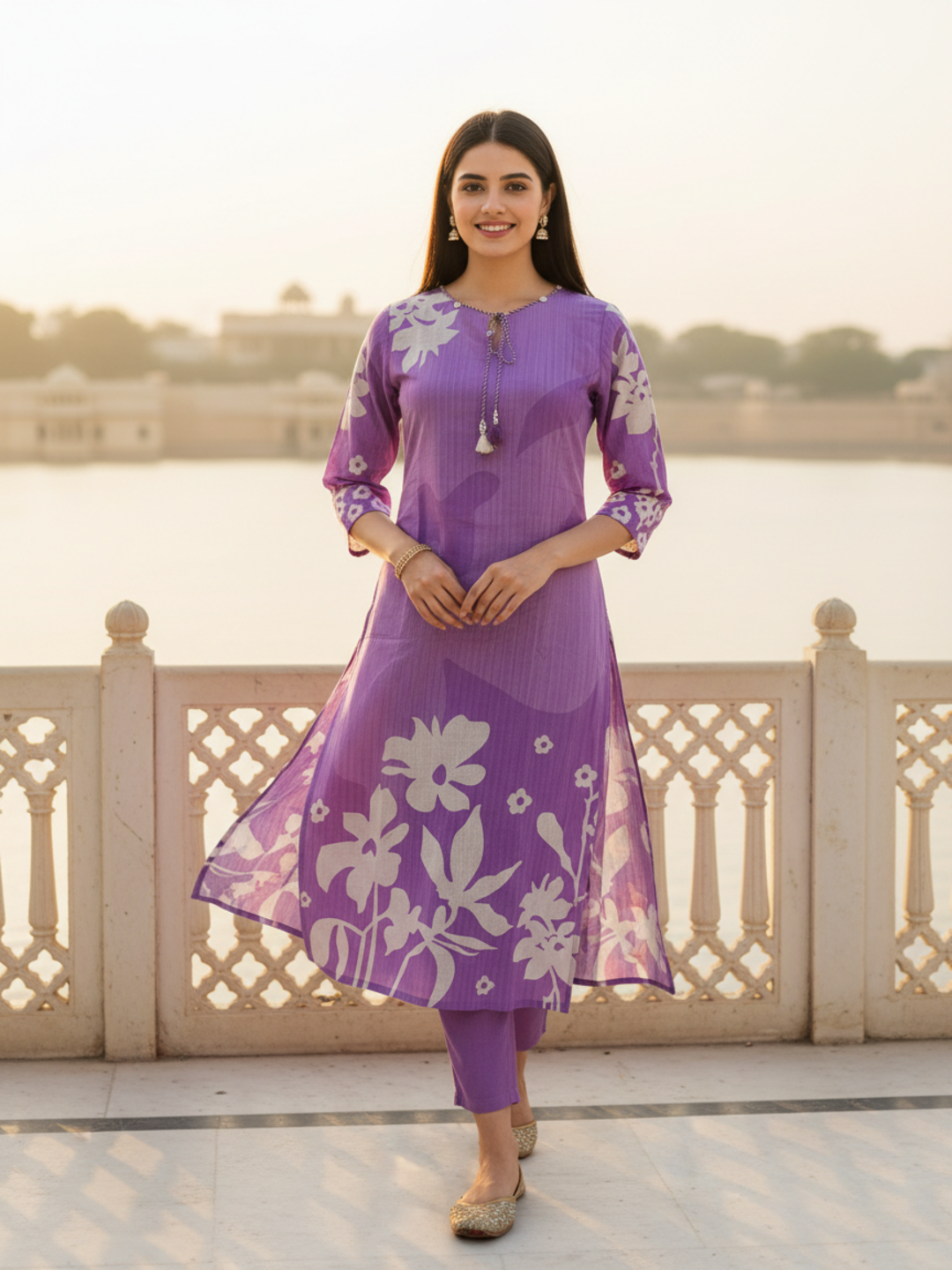 Floral Printed Straight Kurta - Purple