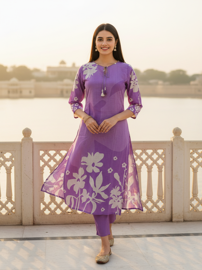 Floral Printed Straight Kurta - Purple
