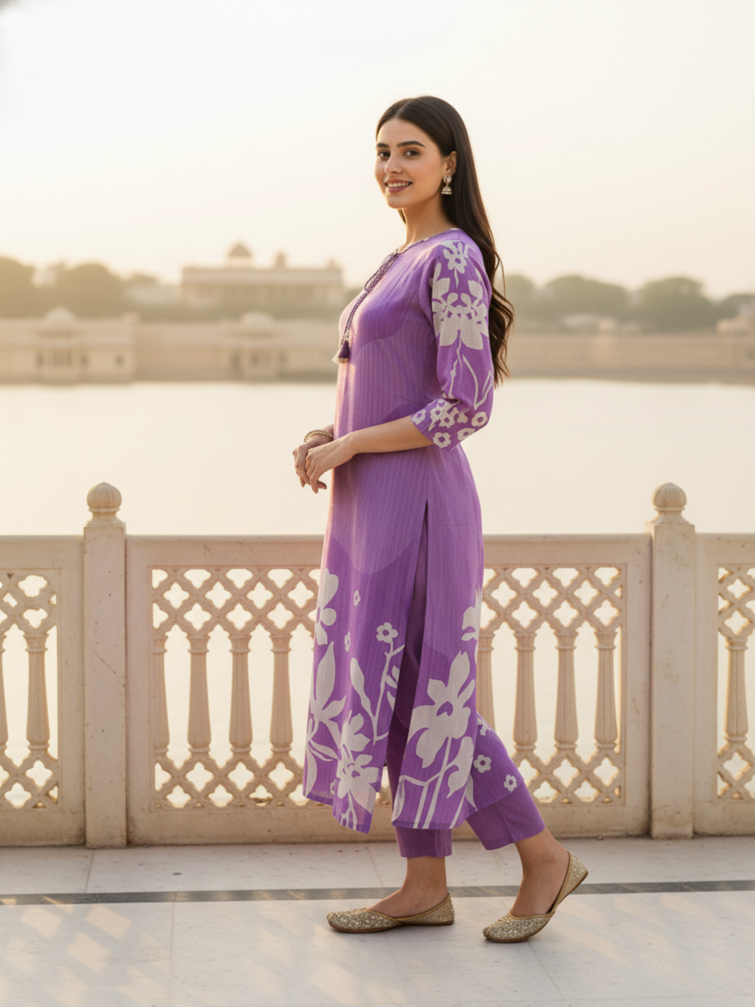 Floral Printed Straight Kurta - Purple