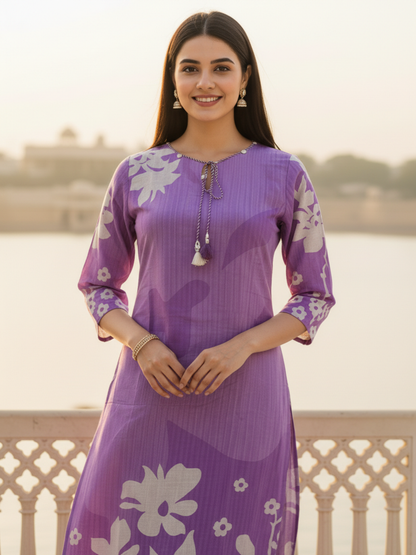 Floral Printed Straight Kurta - Purple