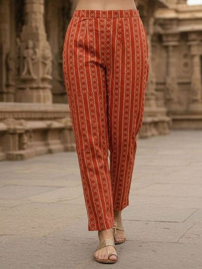 Ethnic Printed Sequin Detailed Straight Kurta with Pant & Dupatta - Rust
