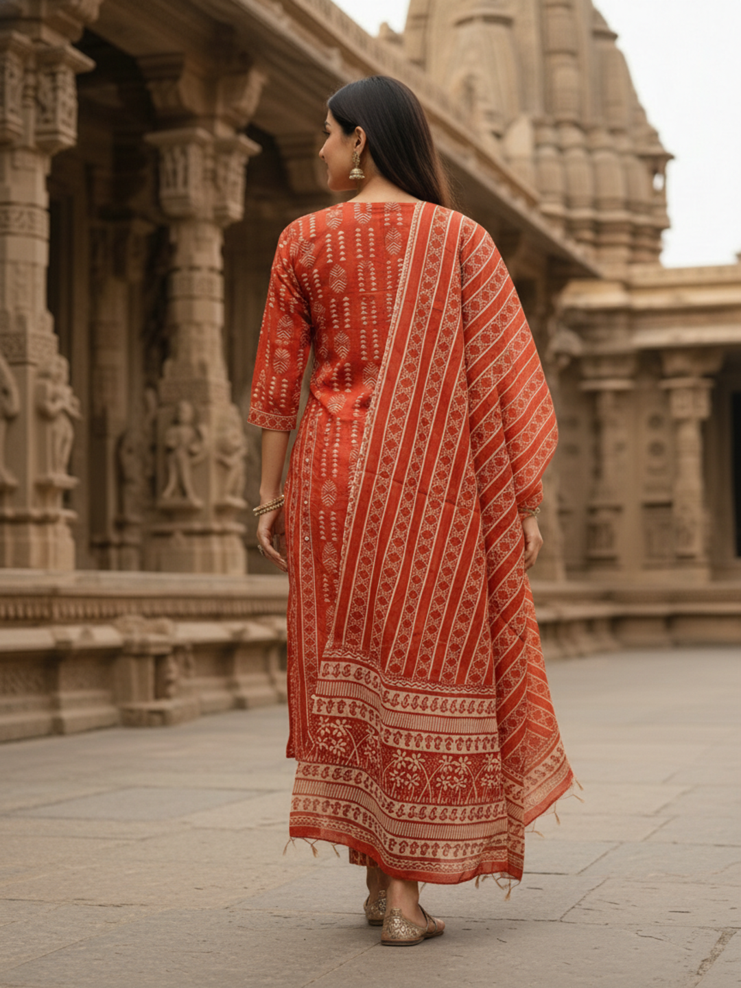 Ethnic Printed Sequin Detailed Straight Kurta with Pant & Dupatta - Rust