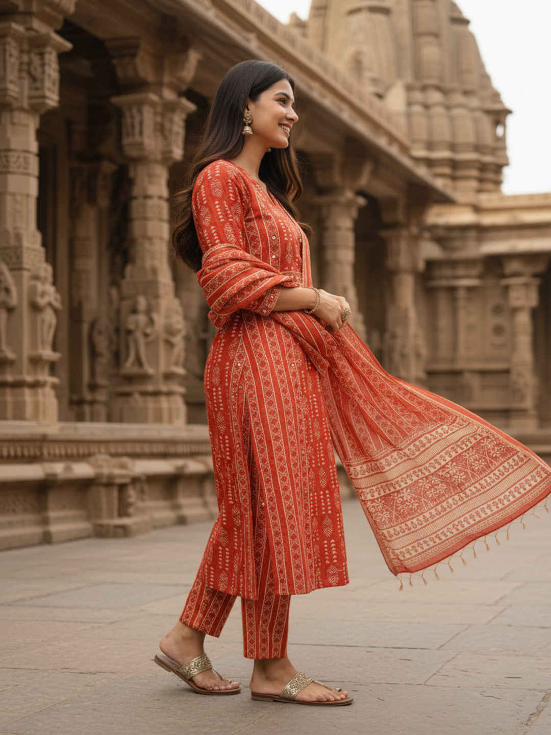 Ethnic Printed Sequin Detailed Straight Kurta with Pant & Dupatta - Rust