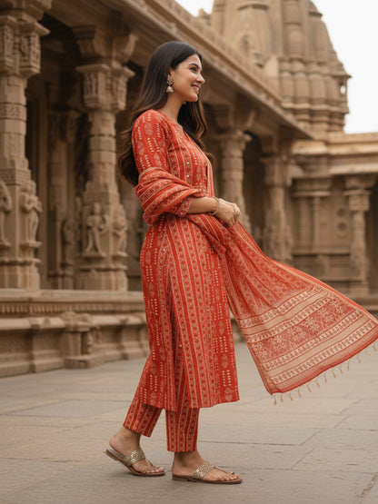 Ethnic Printed Sequin Detailed Straight Kurta with Pant & Dupatta - Rust