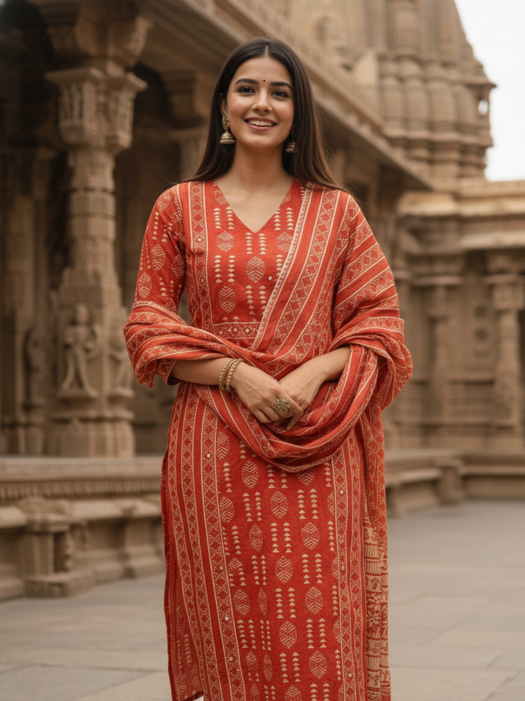 Ethnic Printed Sequin Detailed Straight Kurta with Pant & Dupatta - Rust