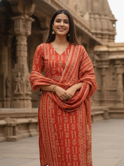 Ethnic Printed Sequin Detailed Straight Kurta with Pant & Dupatta - Rust