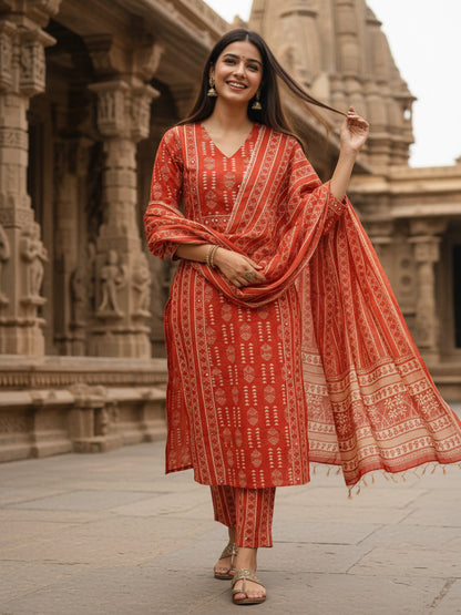 Ethnic Printed Sequin Detailed Straight Kurta with Pant & Dupatta - Rust