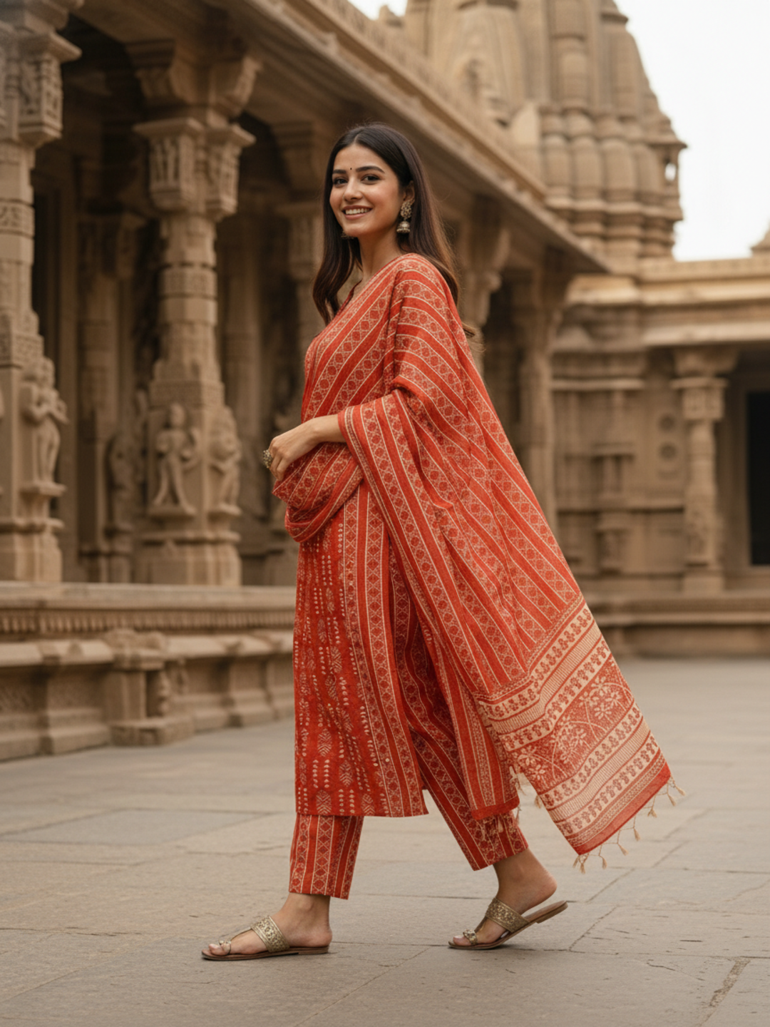 Ethnic Printed Sequin Detailed Straight Kurta with Pant & Dupatta - Rust