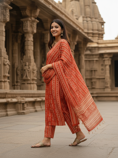Ethnic Printed Sequin Detailed Straight Kurta with Pant & Dupatta - Rust