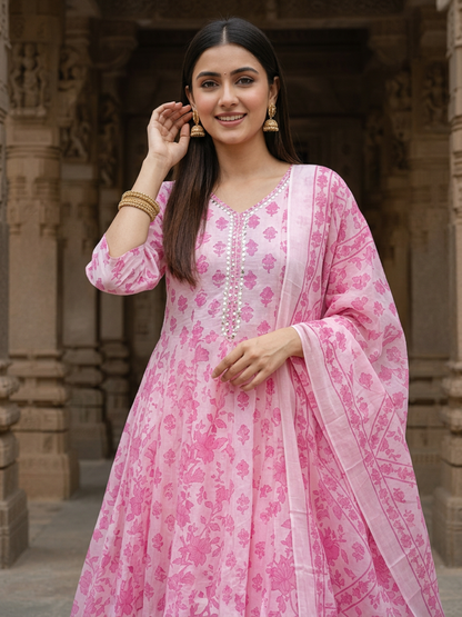 Ethnic Printed Mirror Work & Embroidered Anarkali Kurta with Pant & Dupatta - Pink