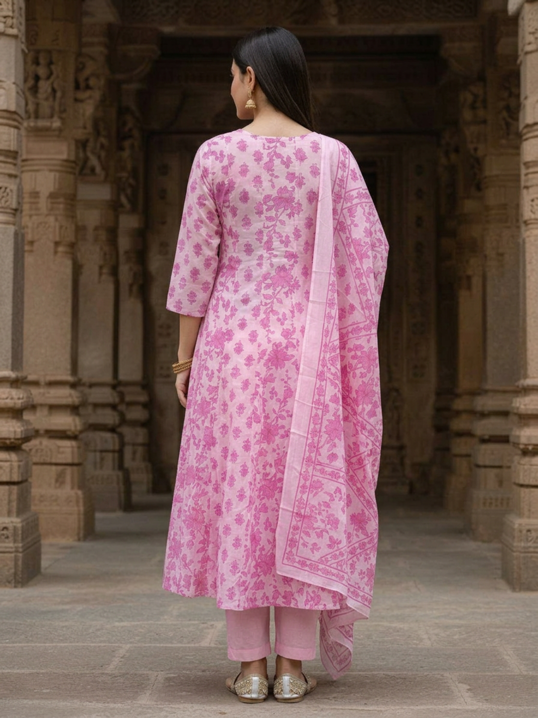Ethnic Printed Mirror Work & Embroidered Anarkali Kurta with Pant & Dupatta - Pink