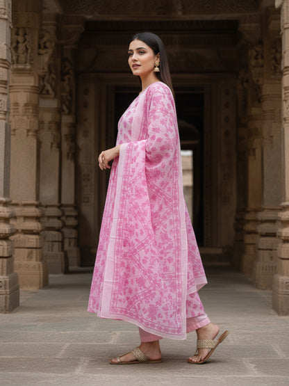 Ethnic Printed Mirror Work & Embroidered Anarkali Kurta with Pant & Dupatta - Pink