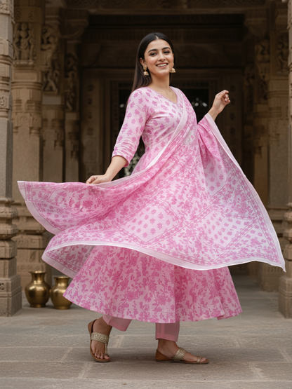 Ethnic Printed Mirror Work & Embroidered Anarkali Kurta with Pant & Dupatta - Pink