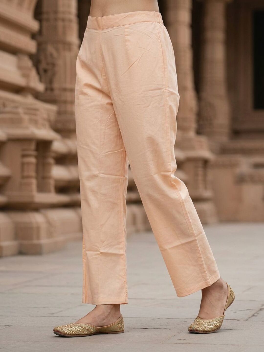 Ethnic Printed Mirror Work & Sequin Embellished Straight Kurta with Palazzo & Dupatta - Peach