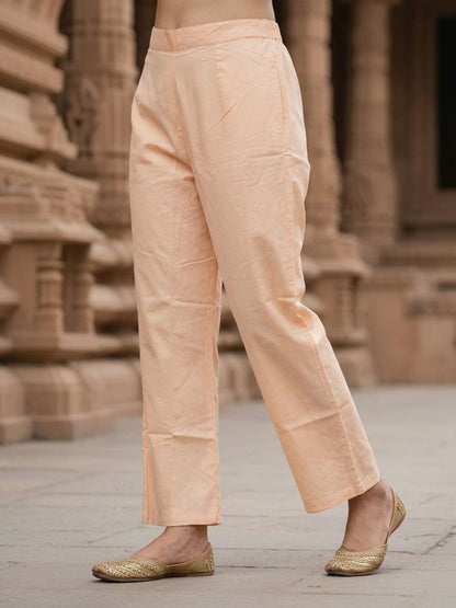 Ethnic Printed Mirror Work & Sequin Embellished Straight Kurta with Palazzo & Dupatta - Peach