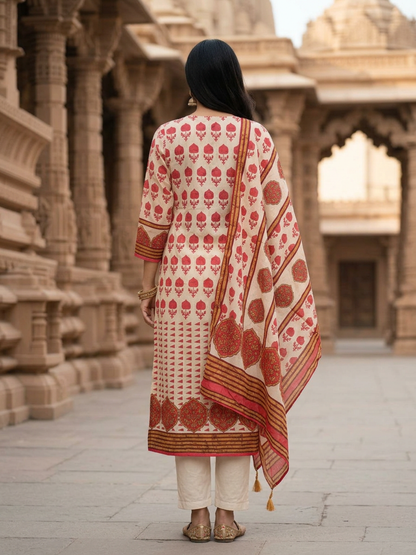Ethnic Printed Mirror Work & Sequin Embellished Straight Kurta with Palazzo & Dupatta - Peach