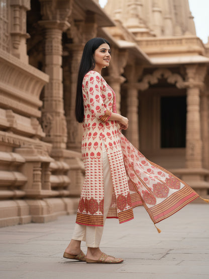 Ethnic Printed Mirror Work & Sequin Embellished Straight Kurta with Palazzo & Dupatta - Peach