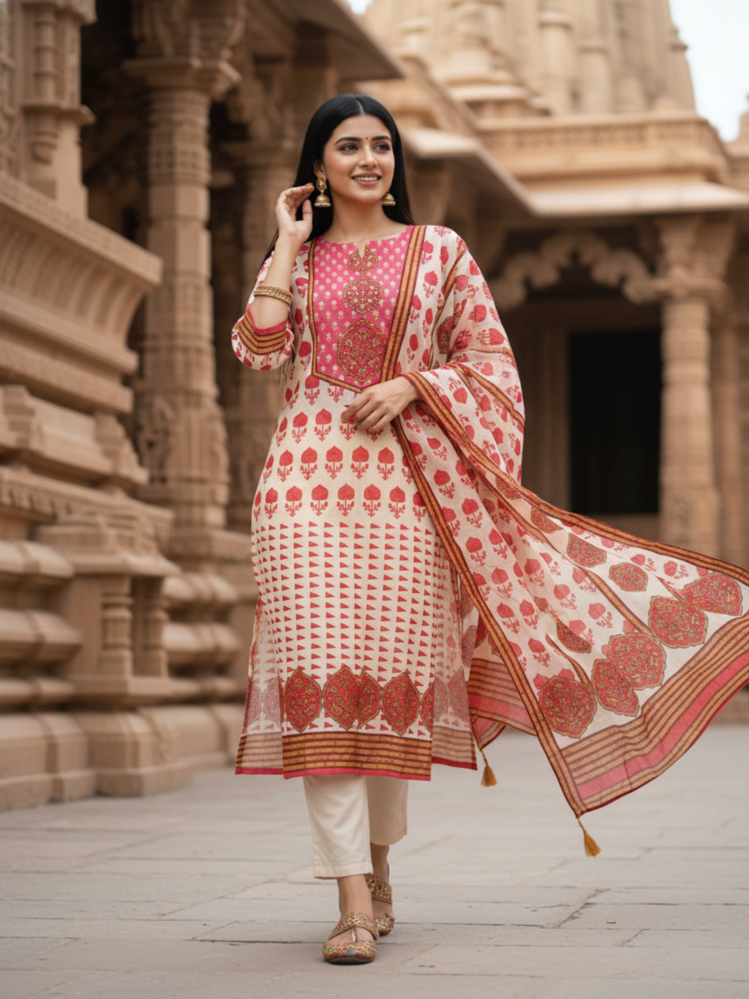 Ethnic Printed Mirror Work & Sequin Embellished Straight Kurta with Palazzo & Dupatta - Peach