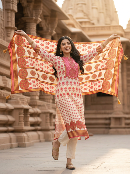 Ethnic Printed Mirror Work & Sequin Embellished Straight Kurta with Palazzo & Dupatta - Peach