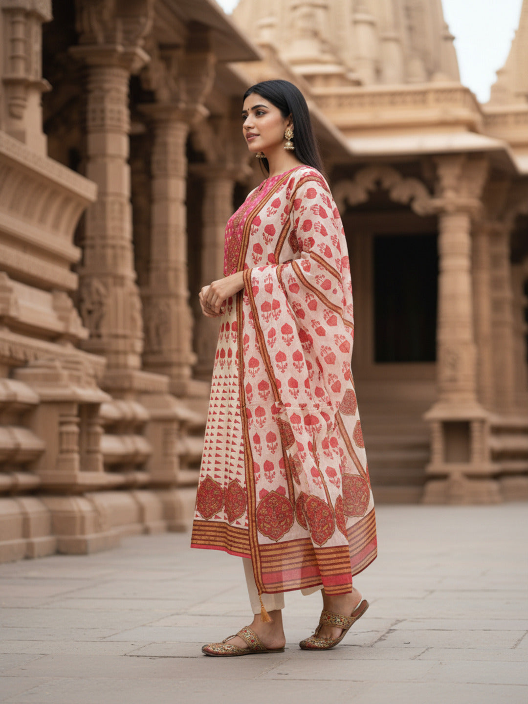 Ethnic Printed Mirror Work & Sequin Embellished Straight Kurta with Palazzo & Dupatta - Peach