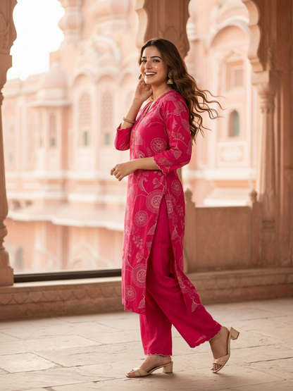 Ethnic Print Scalloped Embroidered A-Line Kurta with Palazzo - Pink