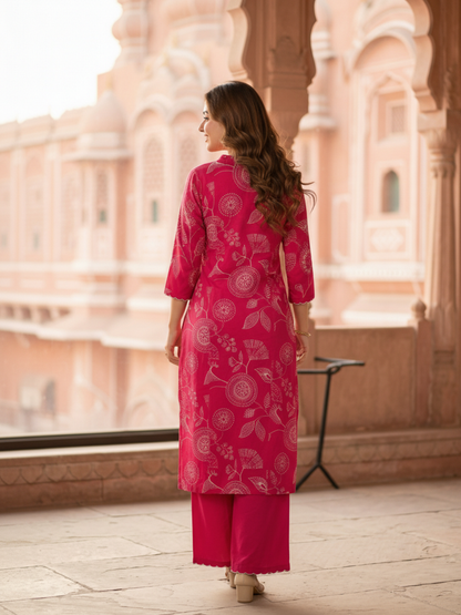Ethnic Print Scalloped Embroidered A-Line Kurta with Palazzo - Pink