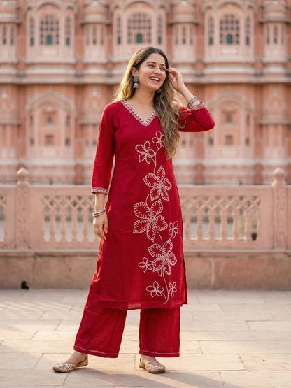 Solid Embroidered Straight Kurta with Palazzo - Maroon