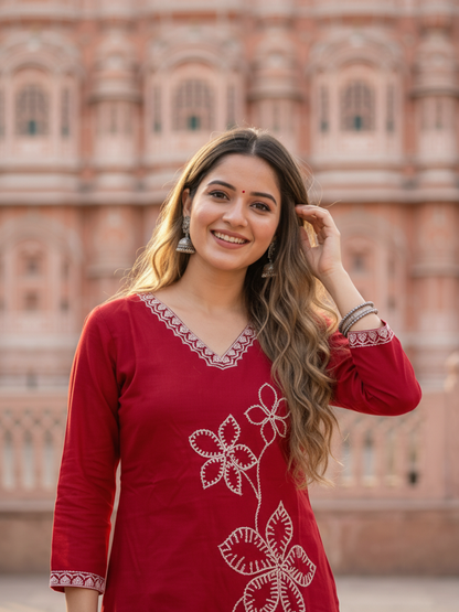 Solid Embroidered Straight Kurta with Palazzo - Maroon