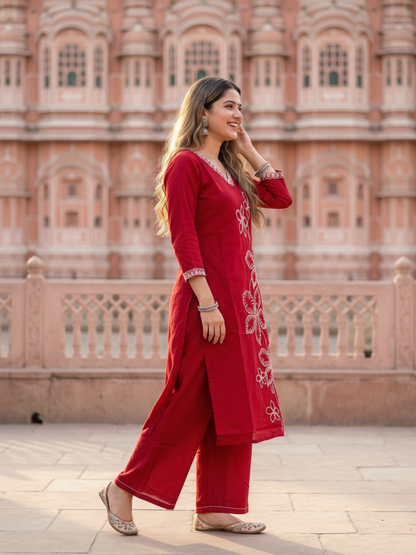 Solid Embroidered Straight Kurta with Palazzo - Maroon