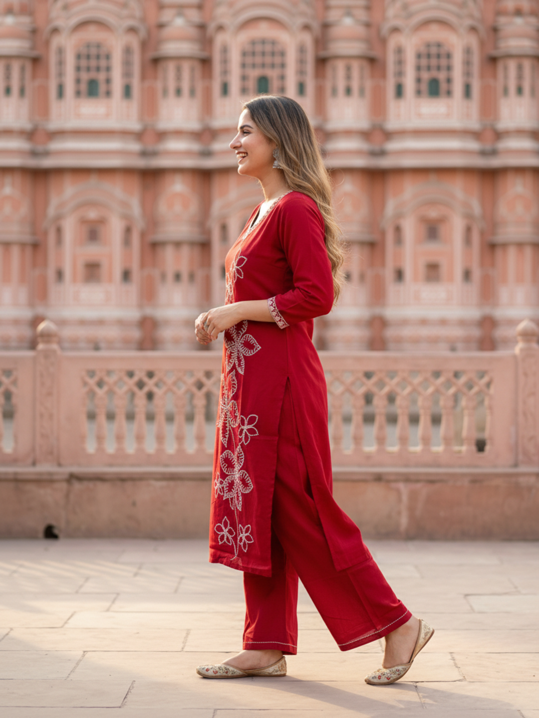 Solid Embroidered Straight Kurta with Palazzo - Maroon