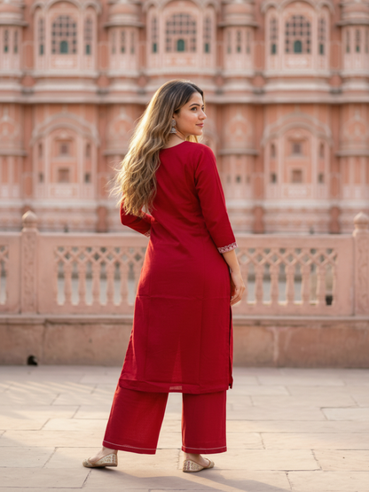 Solid Embroidered Straight Kurta with Palazzo - Maroon