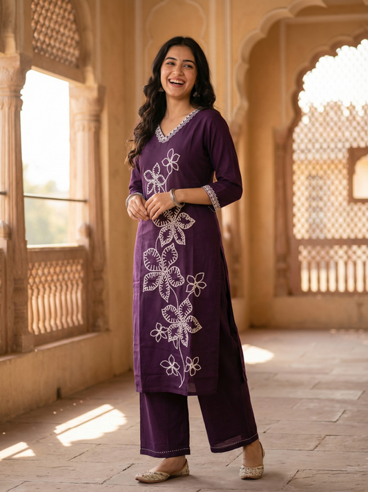 Solid Embroidered Straight Kurta with Palazzo - Purple