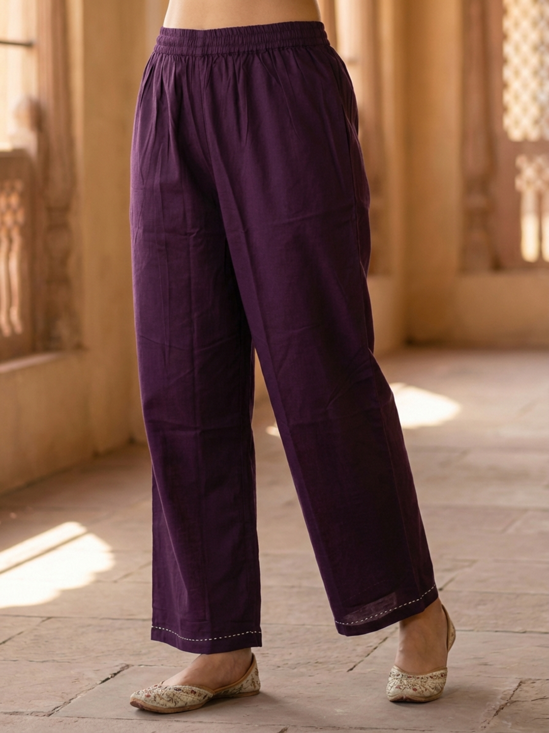Solid Embroidered Straight Kurta with Palazzo - Purple