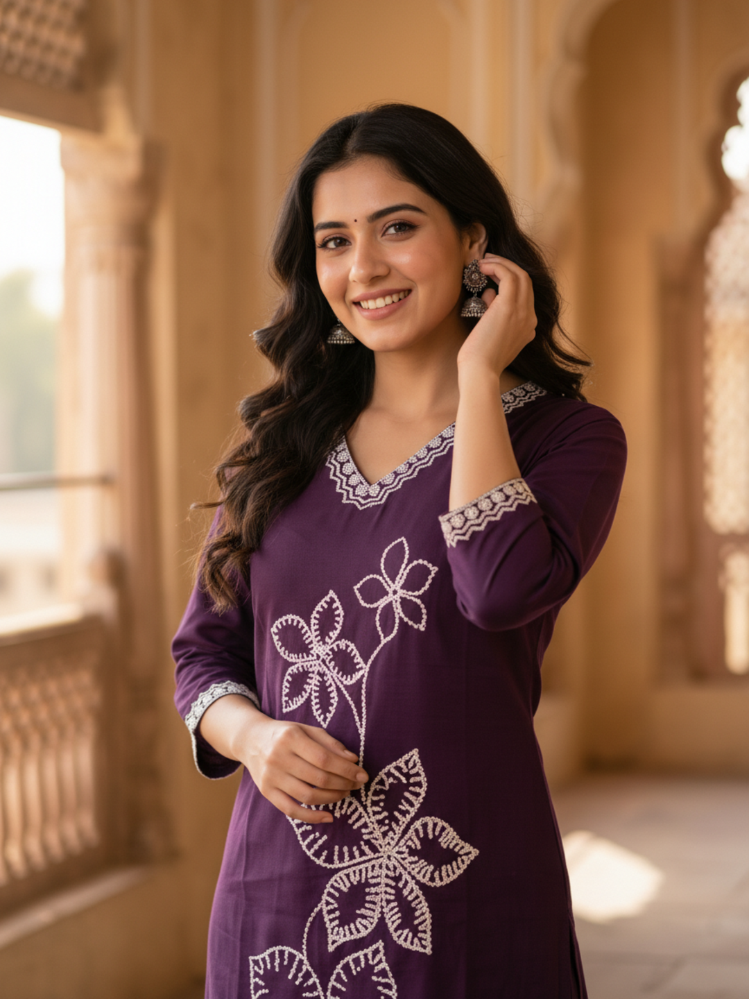 Solid Embroidered Straight Kurta with Palazzo - Purple