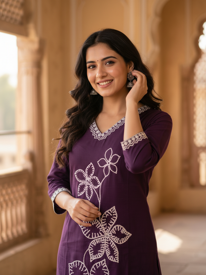 Solid Embroidered Straight Kurta with Palazzo - Purple