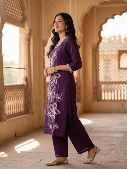 Solid Embroidered Straight Kurta with Palazzo - Purple