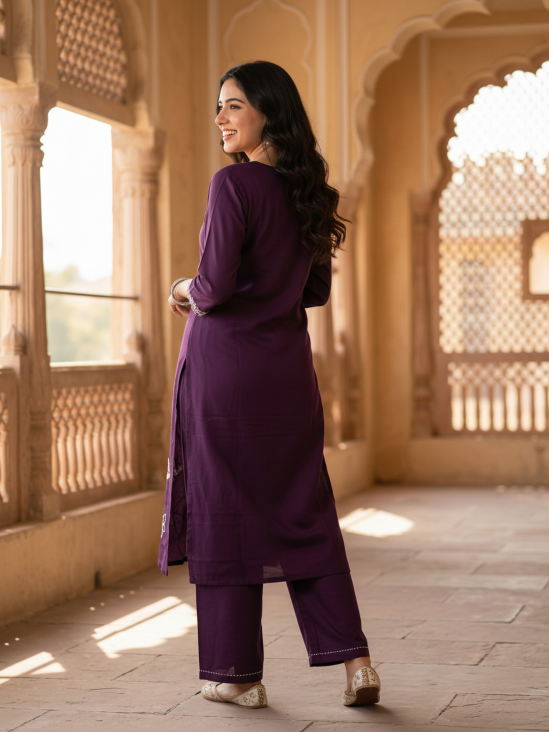 Solid Embroidered Straight Kurta with Palazzo - Purple